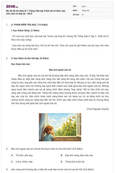Bộ 20 đề thi Giữa kì 1 Tiếng Việt lớp 4 Kết nối tri thức cấu trúc mới có đáp án - Đề 8