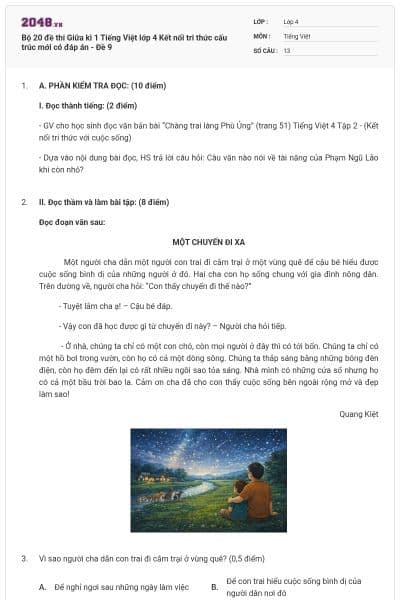 Bộ 20 đề thi Giữa kì 1 Tiếng Việt lớp 4 Kết nối tri thức cấu trúc mới có đáp án - Đề 9
