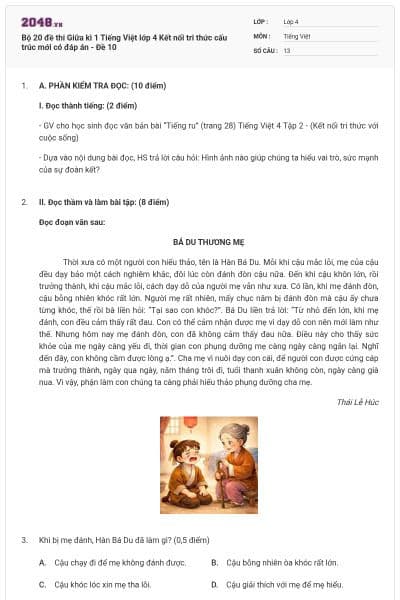 Bộ 20 đề thi Giữa kì 1 Tiếng Việt lớp 4 Kết nối tri thức cấu trúc mới có đáp án - Đề 10