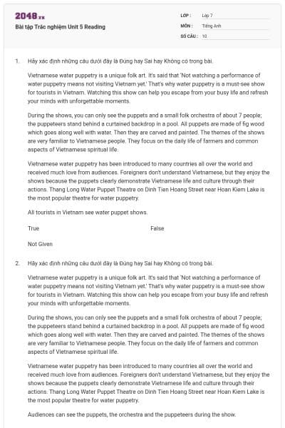 Bài tập Trắc nghiệm Unit 5 Reading