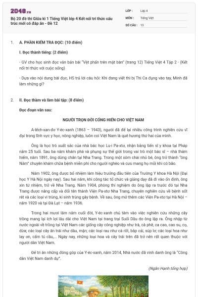 Bộ 20 đề thi Giữa kì 1 Tiếng Việt lớp 4 Kết nối tri thức cấu trúc mới có đáp án - Đề 12