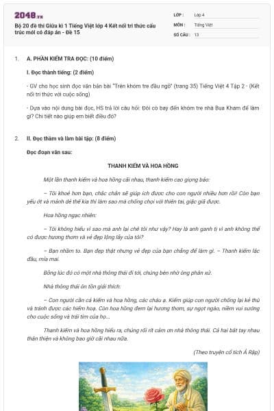 Bộ 20 đề thi Giữa kì 1 Tiếng Việt lớp 4 Kết nối tri thức cấu trúc mới có đáp án - Đề 15