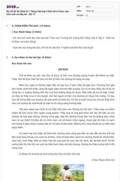 Bộ 20 đề thi Giữa kì 1 Tiếng Việt lớp 4 Kết nối tri thức cấu trúc mới có đáp án - Đề 17