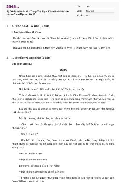 Bộ 20 đề thi Giữa kì 1 Tiếng Việt lớp 4 Kết nối tri thức cấu trúc mới có đáp án - Đề 18