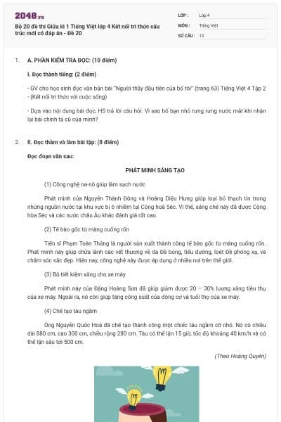 Bộ 20 đề thi Giữa kì 1 Tiếng Việt lớp 4 Kết nối tri thức cấu trúc mới có đáp án - Đề 20