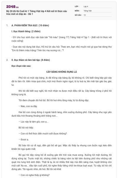Bộ 20 đề thi Cuối kì 1 Tiếng Việt lớp 4 Kết nối tri thức cấu trúc mới có đáp án - Đề 1