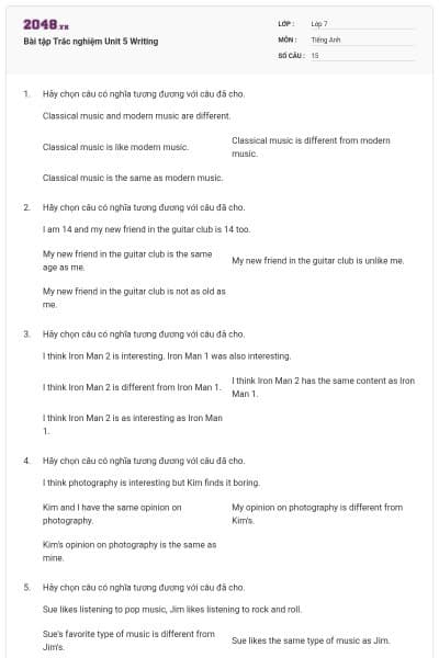 Bài tập Trắc nghiệm Unit 5 Writing