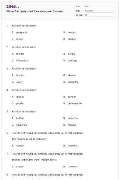 Bài tập Trắc nghiệm Unit 5 Vocabulary and Grammar