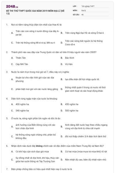 ĐỀ THI THỬ THPT QUỐC GIA NĂM 2019 MÔN ĐỊA LÍ (ĐỀ 13)