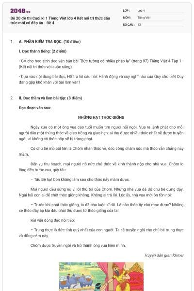 Bộ 20 đề thi Cuối kì 1 Tiếng Việt lớp 4 Kết nối tri thức cấu trúc mới có đáp án - Đề 4