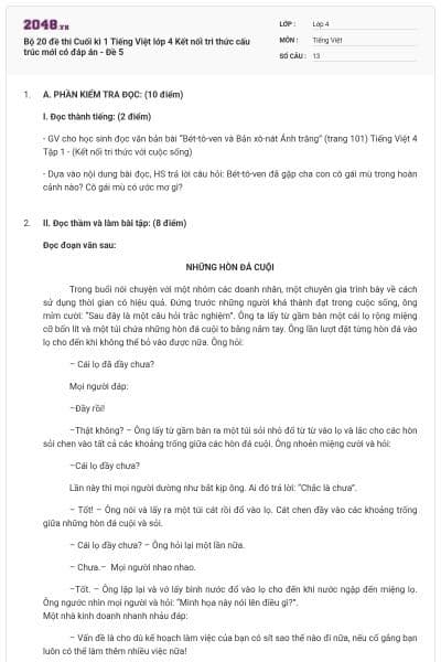 Bộ 20 đề thi Cuối kì 1 Tiếng Việt lớp 4 Kết nối tri thức cấu trúc mới có đáp án - Đề 5