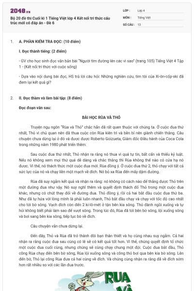 Bộ 20 đề thi Cuối kì 1 Tiếng Việt lớp 4 Kết nối tri thức cấu trúc mới có đáp án - Đề 6