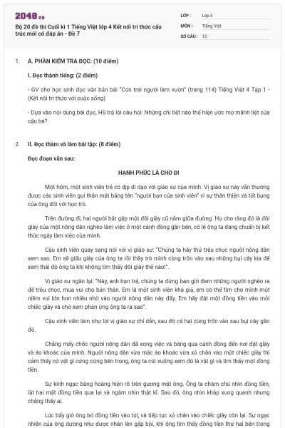 Bộ 20 đề thi Cuối kì 1 Tiếng Việt lớp 4 Kết nối tri thức cấu trúc mới có đáp án - Đề 7