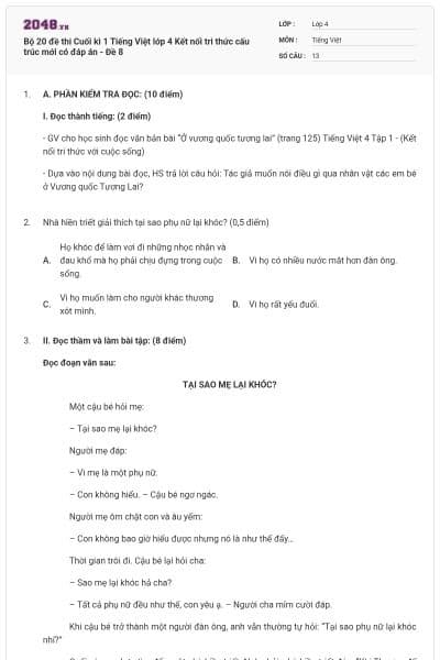 Bộ 20 đề thi Cuối kì 1 Tiếng Việt lớp 4 Kết nối tri thức cấu trúc mới có đáp án - Đề 8
