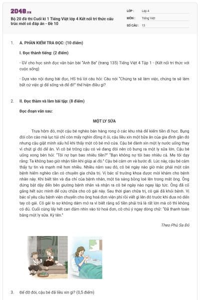 Bộ 20 đề thi Cuối kì 1 Tiếng Việt lớp 4 Kết nối tri thức cấu trúc mới có đáp án - Đề 10
