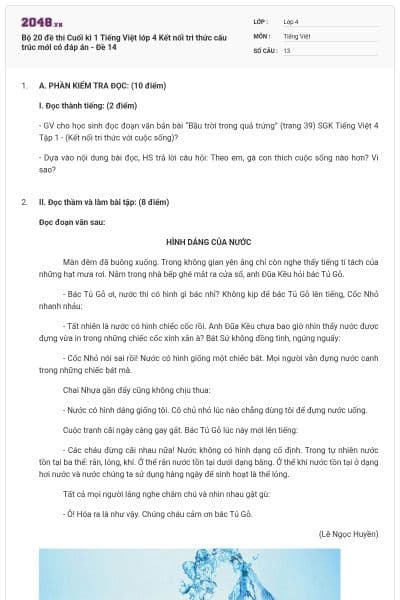 Bộ 20 đề thi Cuối kì 1 Tiếng Việt lớp 4 Kết nối tri thức cấu trúc mới có đáp án - Đề 14