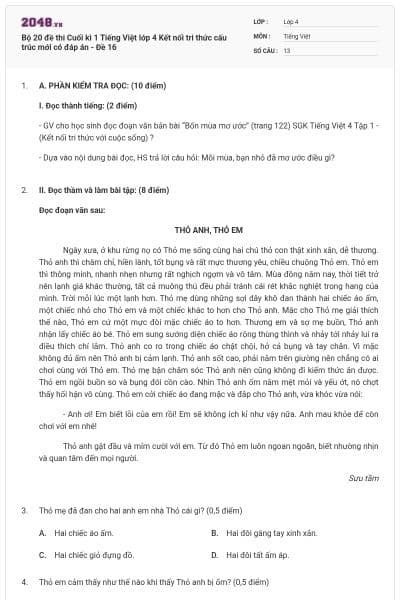 Bộ 20 đề thi Cuối kì 1 Tiếng Việt lớp 4 Kết nối tri thức cấu trúc mới có đáp án - Đề 16