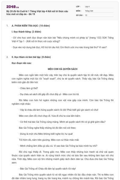 Bộ 20 đề thi Cuối kì 1 Tiếng Việt lớp 4 Kết nối tri thức cấu trúc mới có đáp án - Đề 19