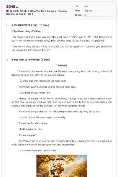 Bộ 20 đề thi Giữa kì 2 Tiếng Việt lớp 4 Kết nối tri thức cấu trúc mới có đáp án - Đề 1
