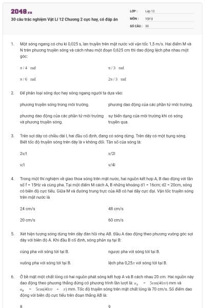 30 câu trắc nghiệm Vật Lí 12 Chương 2 cực hay, có đáp án