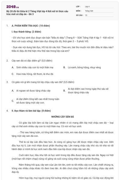 Bộ 20 đề thi Giữa kì 2 Tiếng Việt lớp 4 Kết nối tri thức cấu trúc mới có đáp án - Đề 3