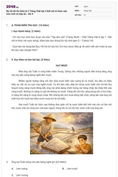 Bộ 20 đề thi Giữa kì 2 Tiếng Việt lớp 4 Kết nối tri thức cấu trúc mới có đáp án - Đề 4