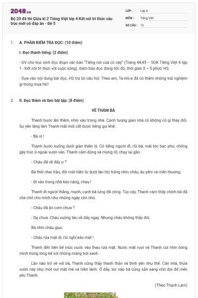 Bộ 20 đề thi Giữa kì 2 Tiếng Việt lớp 4 Kết nối tri thức cấu trúc mới có đáp án - Đề 5