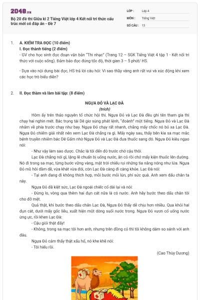 Bộ 20 đề thi Giữa kì 2 Tiếng Việt lớp 4 Kết nối tri thức cấu trúc mới có đáp án - Đề 7