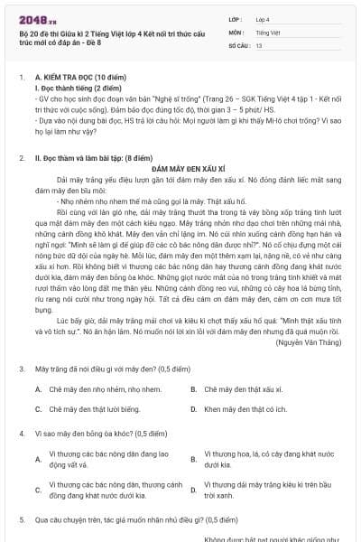 Bộ 20 đề thi Giữa kì 2 Tiếng Việt lớp 4 Kết nối tri thức cấu trúc mới có đáp án - Đề 8