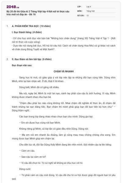 Bộ 20 đề thi Giữa kì 2 Tiếng Việt lớp 4 Kết nối tri thức cấu trúc mới có đáp án - Đề 16