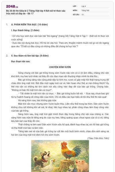 Bộ 20 đề thi Giữa kì 2 Tiếng Việt lớp 4 Kết nối tri thức cấu trúc mới có đáp án - Đề 17