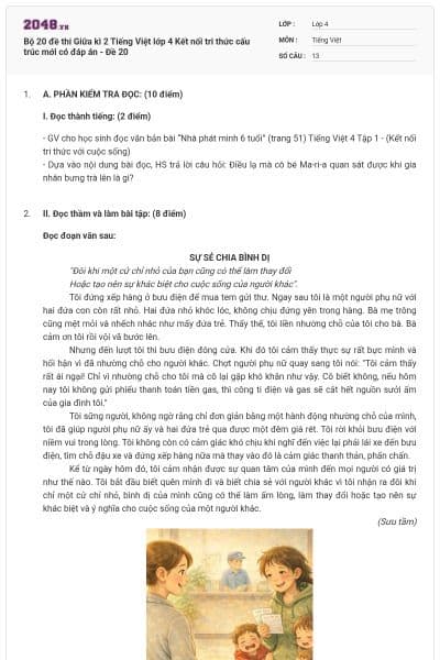 Bộ 20 đề thi Giữa kì 2 Tiếng Việt lớp 4 Kết nối tri thức cấu trúc mới có đáp án - Đề 20