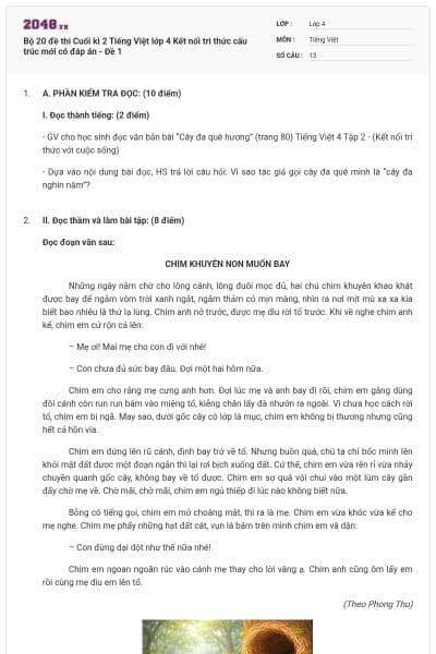 Bộ 20 đề thi Cuối kì 2 Tiếng Việt lớp 4 Kết nối tri thức cấu trúc mới có đáp án - Đề 1