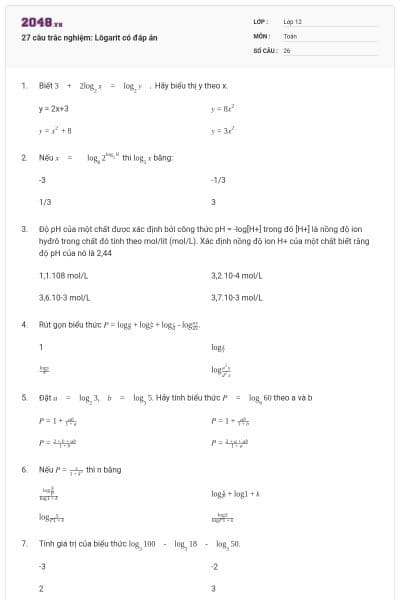 27 câu trắc nghiệm: Lôgarit có đáp án