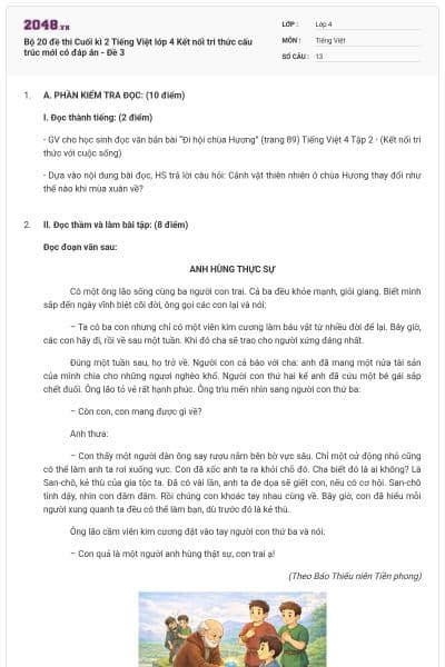 Bộ 20 đề thi Cuối kì 2 Tiếng Việt lớp 4 Kết nối tri thức cấu trúc mới có đáp án - Đề 3
