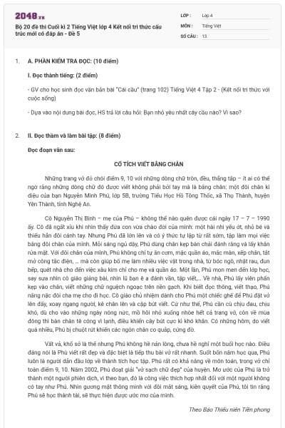 Bộ 20 đề thi Cuối kì 2 Tiếng Việt lớp 4 Kết nối tri thức cấu trúc mới có đáp án - Đề 5