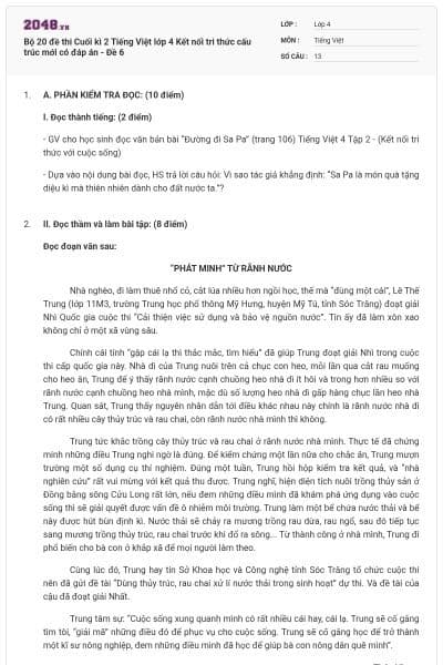 Bộ 20 đề thi Cuối kì 2 Tiếng Việt lớp 4 Kết nối tri thức cấu trúc mới có đáp án - Đề 6