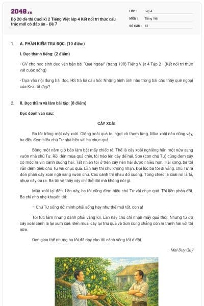 Bộ 20 đề thi Cuối kì 2 Tiếng Việt lớp 4 Kết nối tri thức cấu trúc mới có đáp án - Đề 7