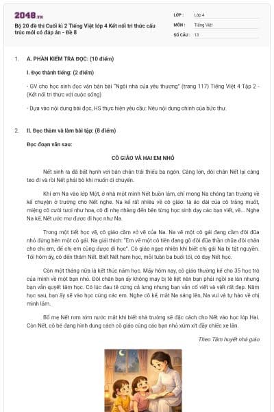 Bộ 20 đề thi Cuối kì 2 Tiếng Việt lớp 4 Kết nối tri thức cấu trúc mới có đáp án - Đề 8