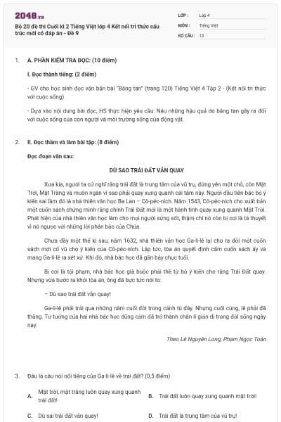 Bộ 20 đề thi Cuối kì 2 Tiếng Việt lớp 4 Kết nối tri thức cấu trúc mới có đáp án - Đề 9