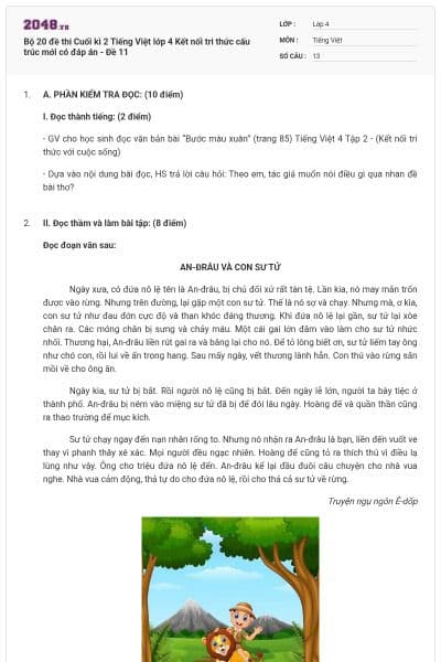 Bộ 20 đề thi Cuối kì 2 Tiếng Việt lớp 4 Kết nối tri thức cấu trúc mới có đáp án - Đề 11