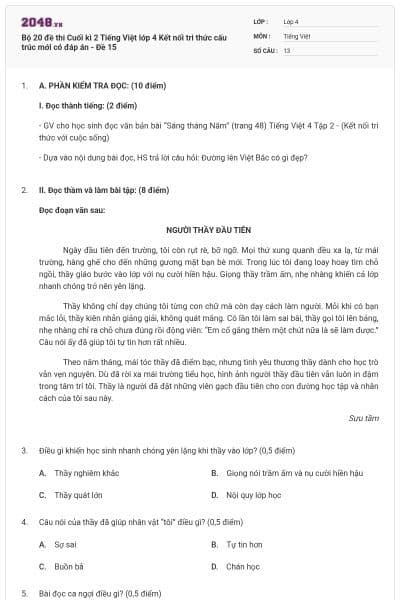 Bộ 20 đề thi Cuối kì 2 Tiếng Việt lớp 4 Kết nối tri thức cấu trúc mới có đáp án - Đề 15