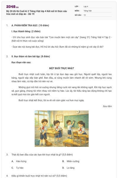 Bộ 20 đề thi Cuối kì 2 Tiếng Việt lớp 4 Kết nối tri thức cấu trúc mới có đáp án - Đề 19