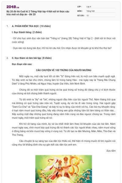 Bộ 20 đề thi Cuối kì 2 Tiếng Việt lớp 4 Kết nối tri thức cấu trúc mới có đáp án - Đề 20