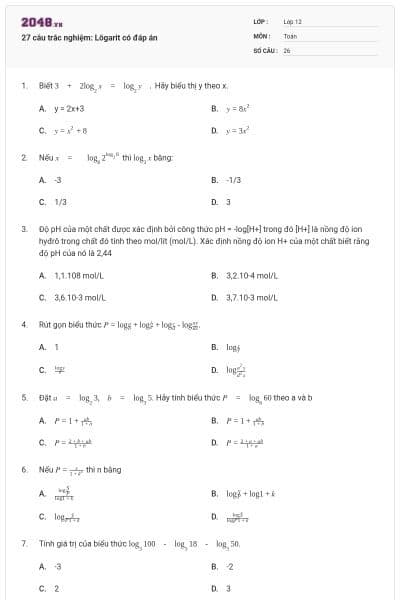 27 câu trắc nghiệm: Lôgarit có đáp án