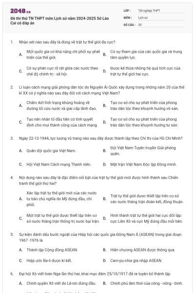 Đề thi thử TN THPT môn Lịch sử năm 2024-2025 Sở Lào Cai có đáp án