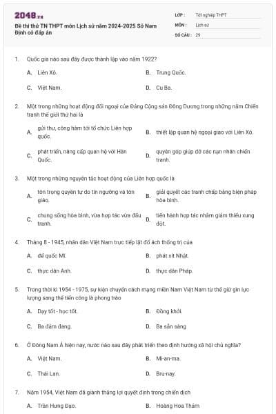 Đề thi thử TN THPT môn Lịch sử năm 2024-2025 Sở Nam Định có đáp án
