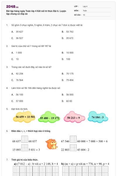 Bài tập hàng ngày Toán lớp 4 Kết nối tri thức Bài 6. Luyện tập chung có đáp án