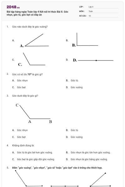 Bài tập hàng ngày Toán lớp 4 Kết nối tri thức Bài 8. Góc nhọn, góc tù, góc bẹt có đáp án