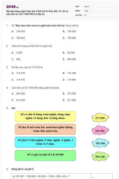 Bài tập hàng ngày Toán lớp 4 Kết nối tri thức Bài 10. Số có sáu chữ số. Số 1 000 000 có đáp án